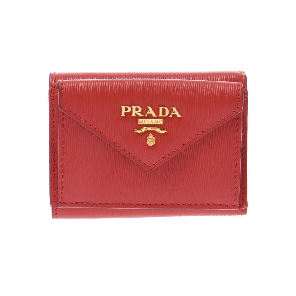 PRADA Compact Wallet Red Leather Tri fold
